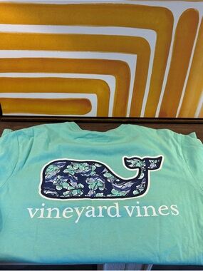 Vineyard Vines Aqua Tee with Navy Floral Whale Logo
